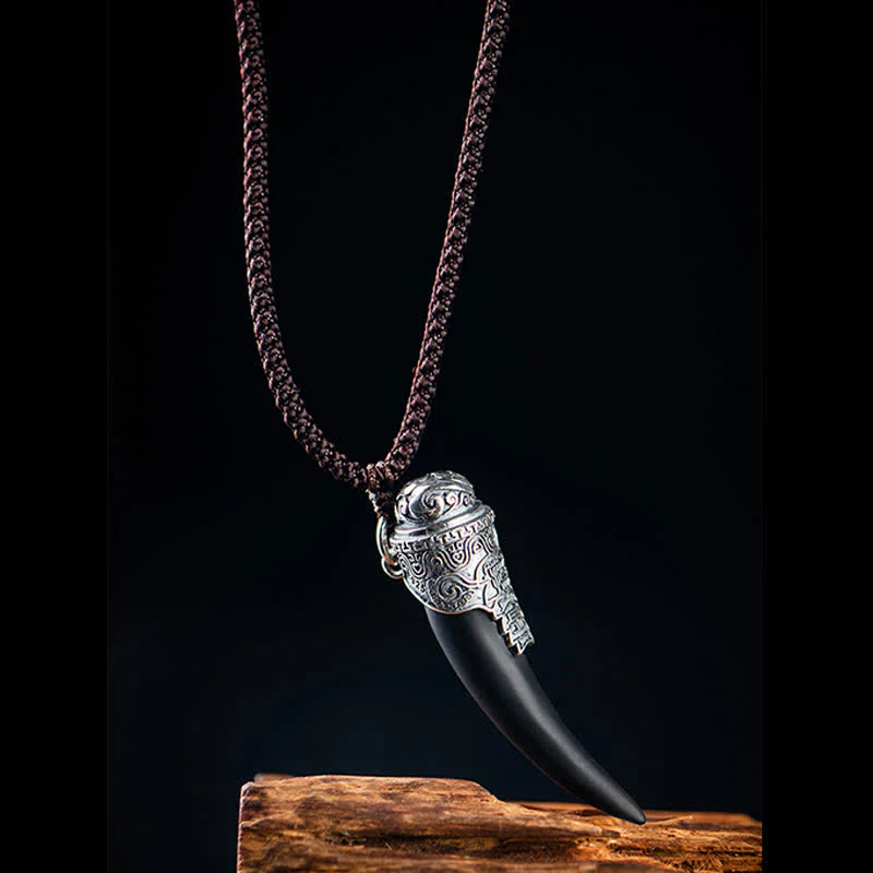 Buddha Stones 925 Sterling Silver Black Obsidian Wolf Tooth Pattern Strength Necklace Pendant