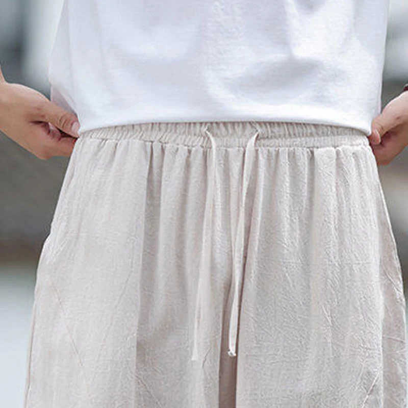 Buddha Stones Solid Drawstring Men's Elastic Waistband Cotton Linen Pants With Pockets