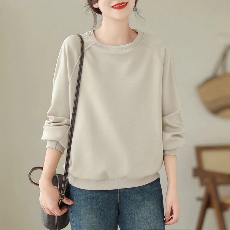 Buddha Stones Fall Plain Crew Neck Cotton Pullover Women's Sweatshirt