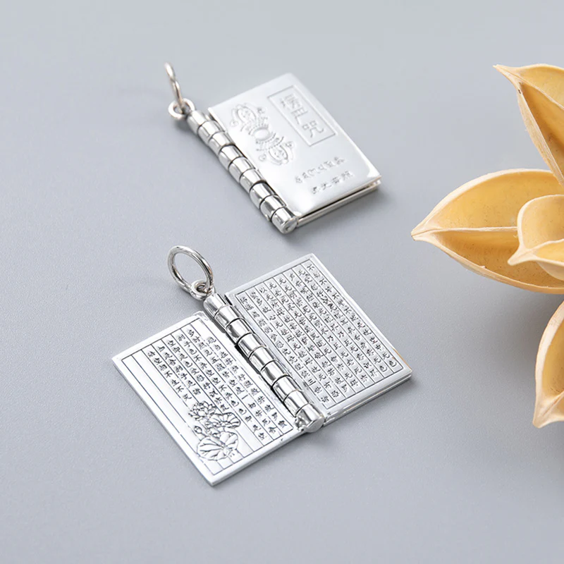 Buddha Stones 990 Sterling Silver Heart Sutra Great Compassion Shurangama Mantra Lotus Vajra Peace Necklace Pendant