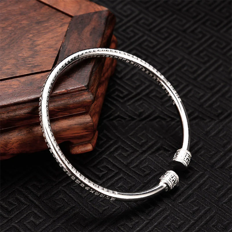 Buddha Stones Heart Sutra Engraved Swastika Pattern Luck White Copper Bracelet Bangle