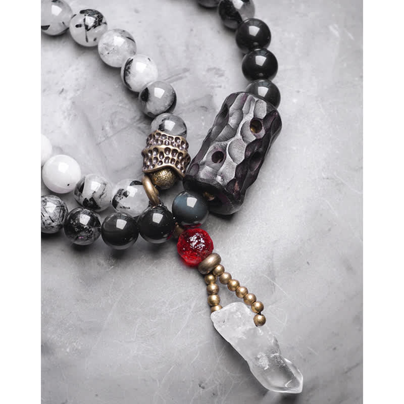 Buddha Stones Black Rutilated Quartz Ebony Wood White Crystal Success Couple Bracelet