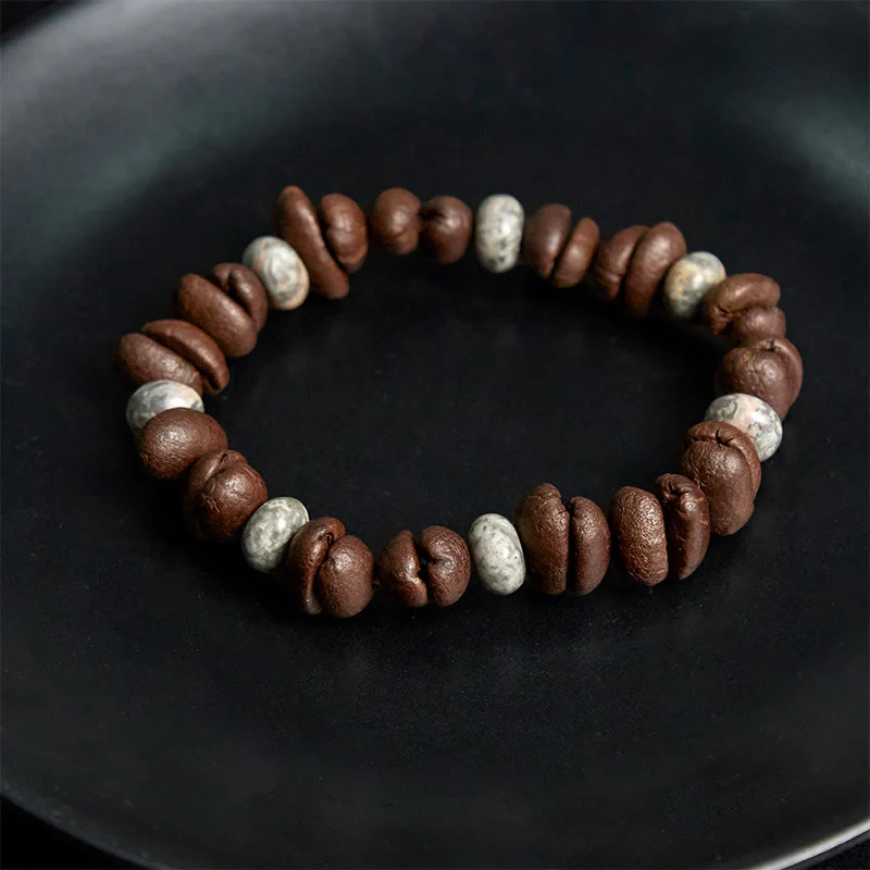Buddha Stones Natural Coffee Beans Tiger Eye Grey Jasper Lava Rock Beads Bracelet