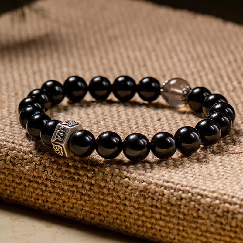 Buddha Stones Chinese Zodiac Natal Buddha 925 Sterling Silver Black Obsidian Moonstone Strength Bracelet