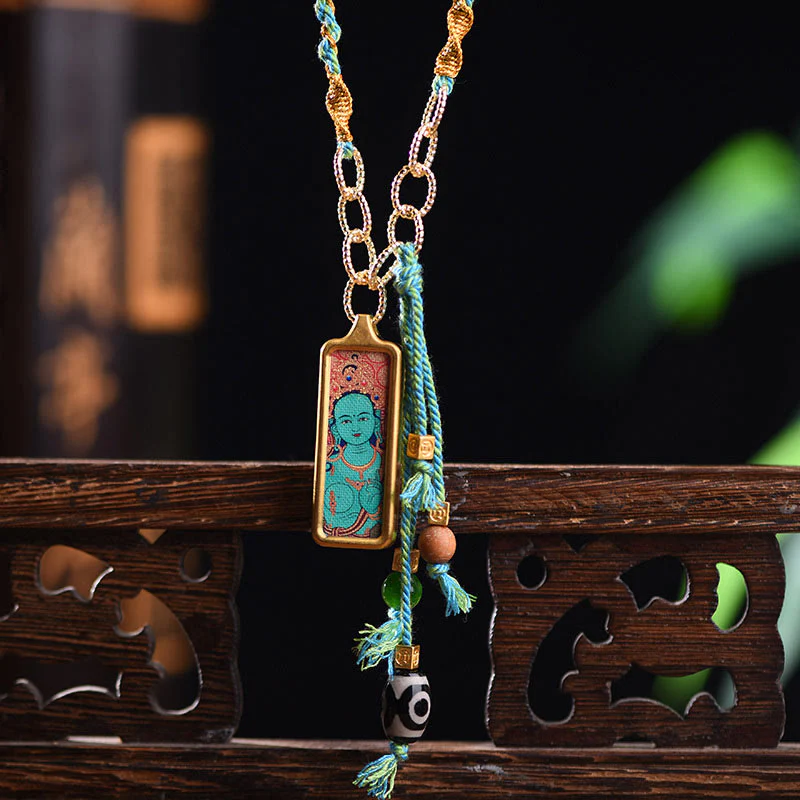 Buddha Stones Tibet God Of Wealth Titanium Steel Thangka Wealth Necklace Pendant