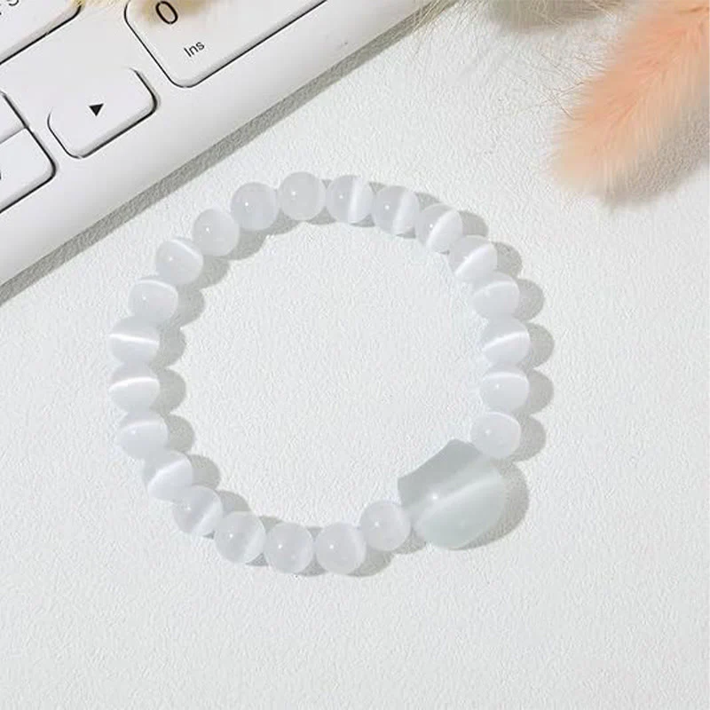 Buddha Stones Lovely Cat Head Pink Cat's Eye White Cat's Eye Spiritual Beads Bracelet