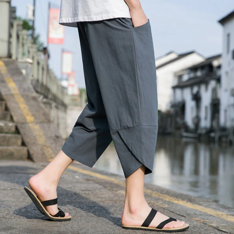 Buddha Stones Summer Casual Simple Plain Tapered Design Drawstring Men's  7-8 Length Cotton Linen Pants With Pockets