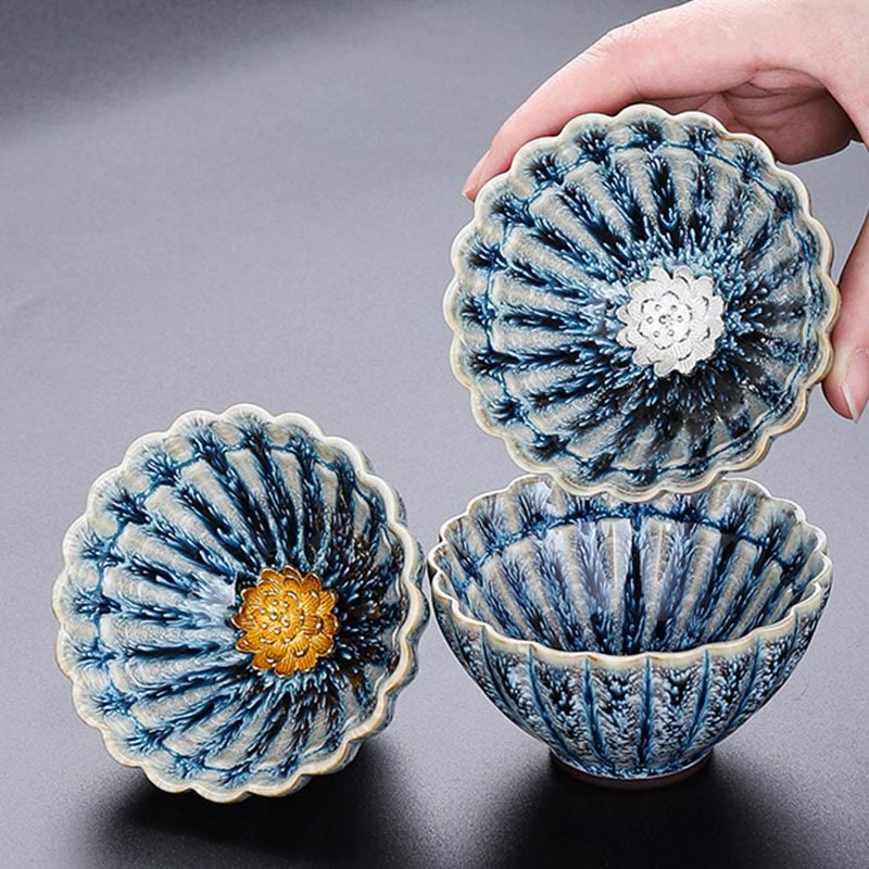 Buddha Stones Handmade Small Chinese Jianzhan Lotus Ceramic Teacup Kung Fu Tea Cup 80ml