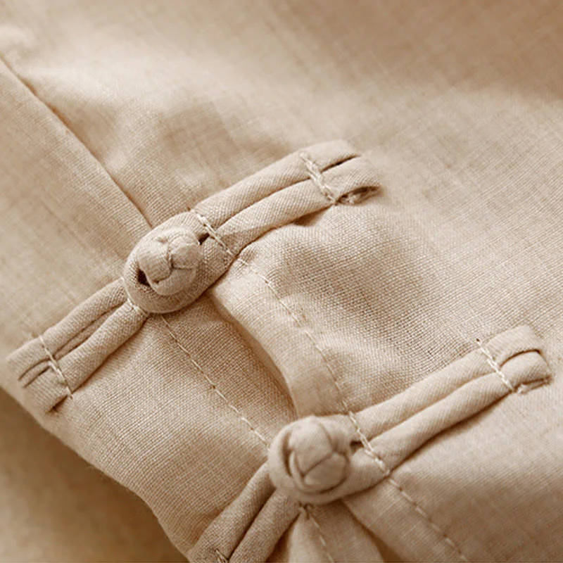 Buddha Stones Frog-Button Hem Slit Design Women's Wide Leg Cotton Linen Pants With Pockets