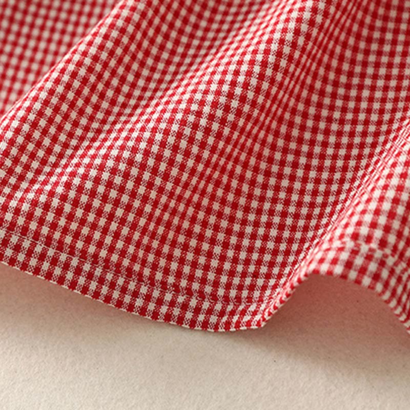 Buddha Stones Spring Plaid Ruffled Crew Neck Design Three Quarter Sleeve Cotton Women's Shirt