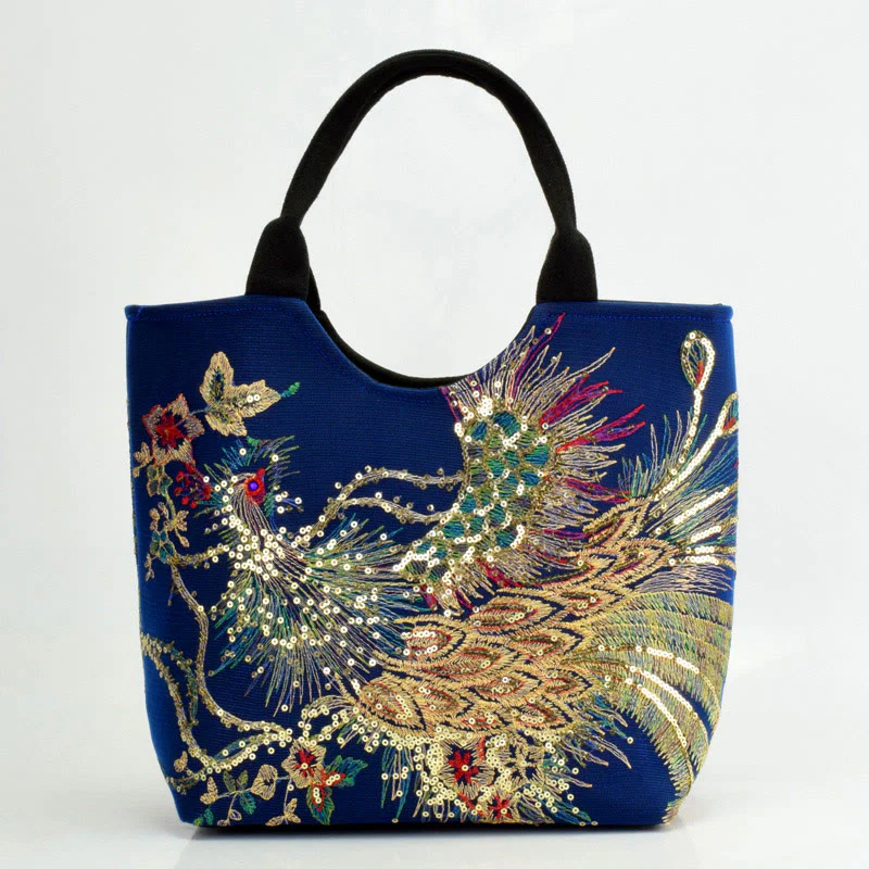 Buddha Stones Peacock Double-sided Embroidery Tote Bag Shoulder Bag Crossbody Bag