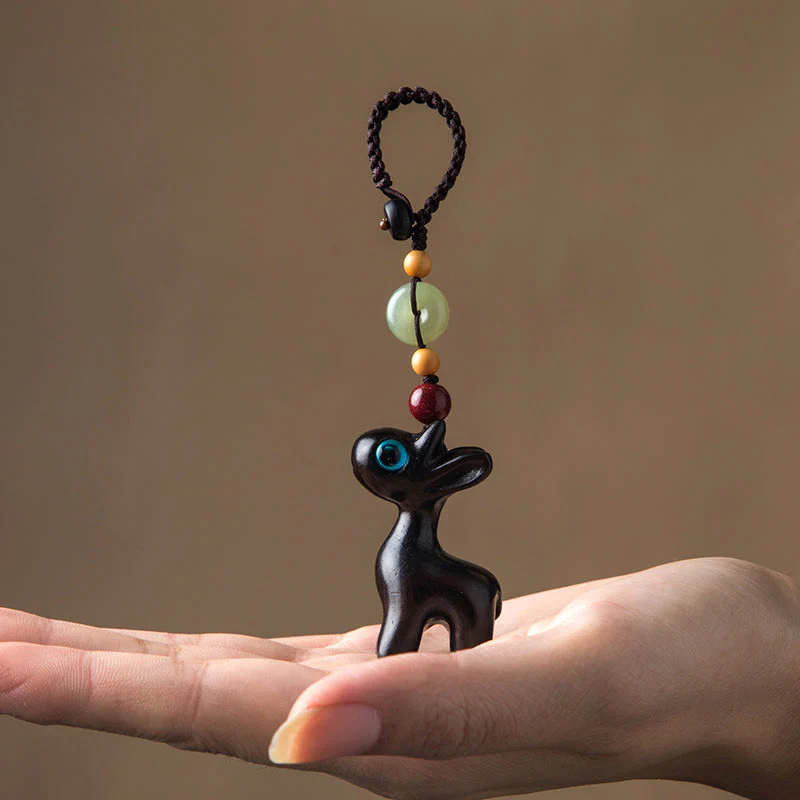 Buddha Stones Green Sandalwood Ebony Wood Mini Deer Positive Peace Buckle Key Chain Phone Hanging Decoration