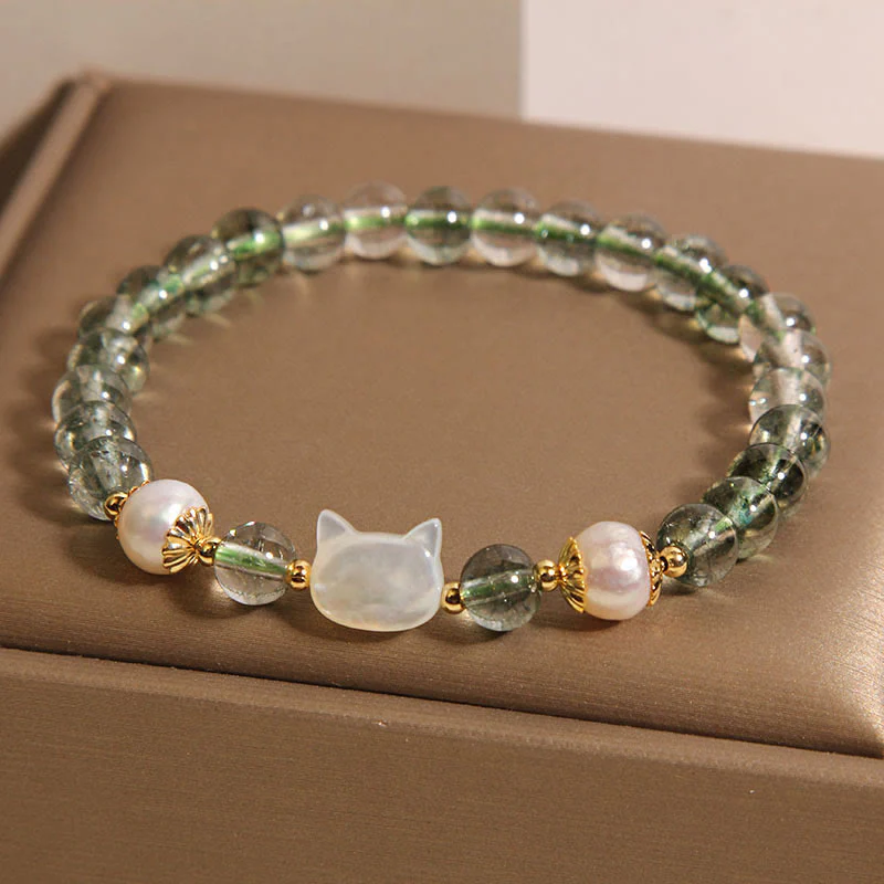 Buddha Stones Natural Green Phantom Pearl Shell Cat Head Lucky Bracelet