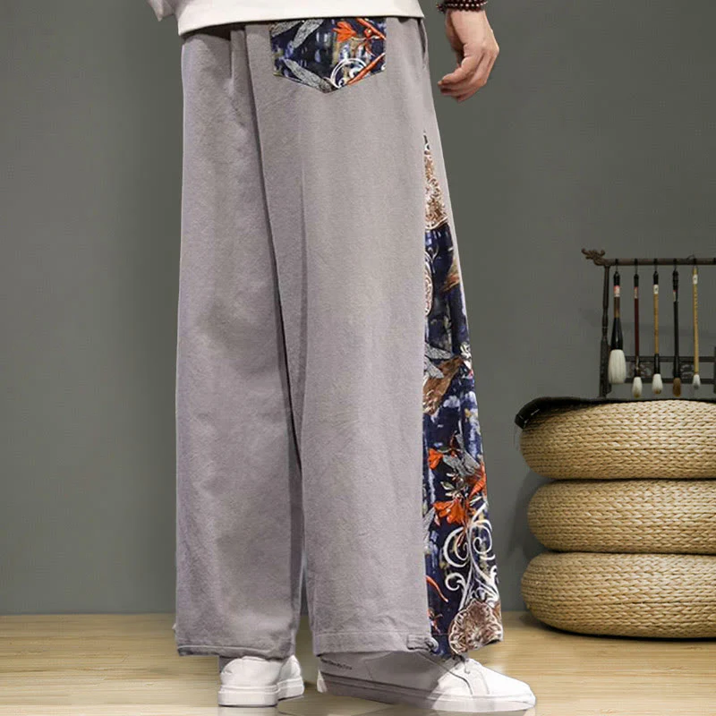 Buddha Stones Crane Embroidery Drawstring Men's Cotton Linen Wide Leg Pants With Pockets