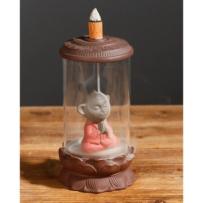 Buddha Stones Meditation Wukong Monkey King Purple Clay Windshield Lotus Backflow Smoke Fountain Incense Burner Decoration