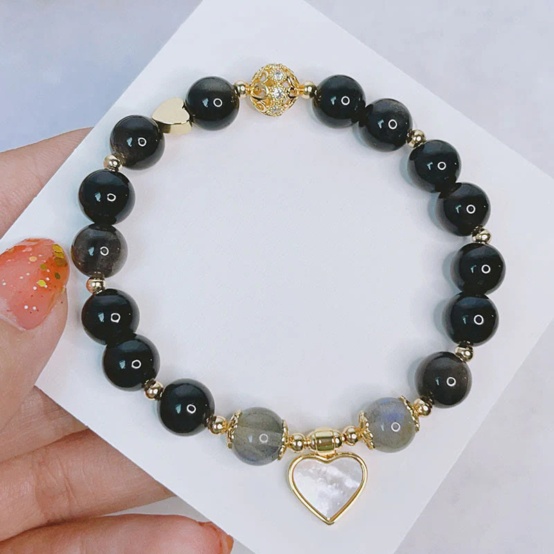 Buddha Stones Natural Silver Sheen Obsidian Love Heart Star Flower Protection Bracelet (Extra 30% Off | USE CODE: FS30)