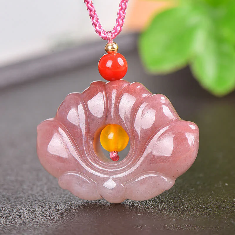 Buddha StonesPink Golden Silk Jade Lotus Flower Wealth Necklace Pendant
