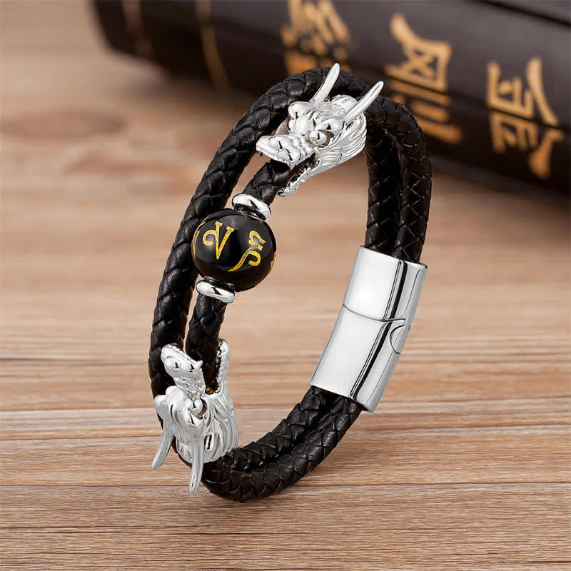 Buddha Stones Double Dragon Head Leather Stone Titanium Steel Success Bracelet (Extra 35% Off | USE CODE: FS35)