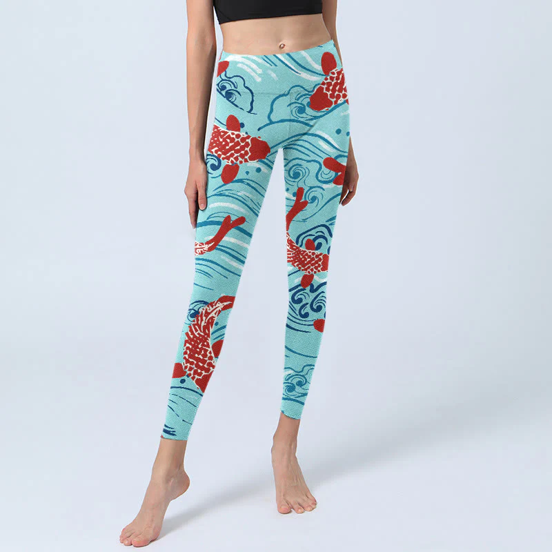Buddha Stones Koi Fish Wave Pattern Print Gym Leggings Women's Yoga Pants