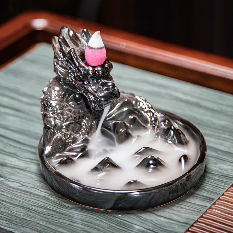 Buddha Stones Dragon Pattern Ceramic Backflow Smoke Fountain Incense Burner Decoration