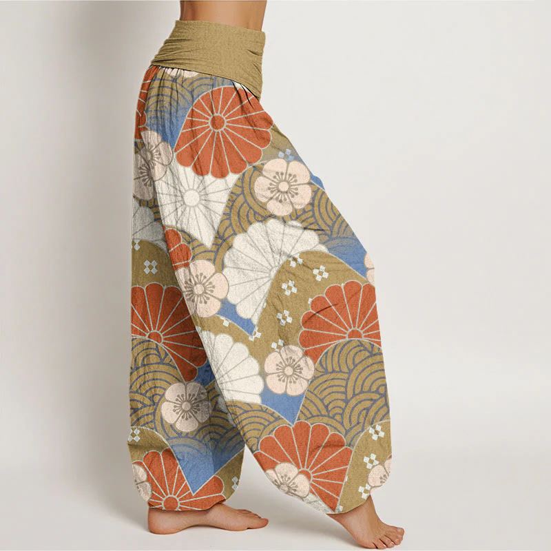 Buddha Stones Casual Abstract Petal And Wave Pattern Women's Elastic Waist Harem Pants