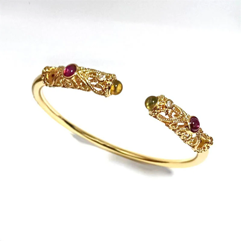 Buddha Stones Golden Flower Pattern Red Zircon Amber Copper Luck Cuff Bracelet Bangle