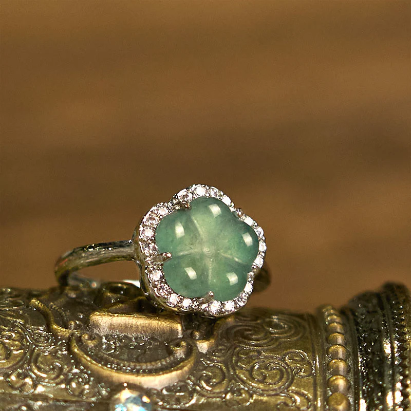 Buddha Stones Jade Alloy Flower Ring
