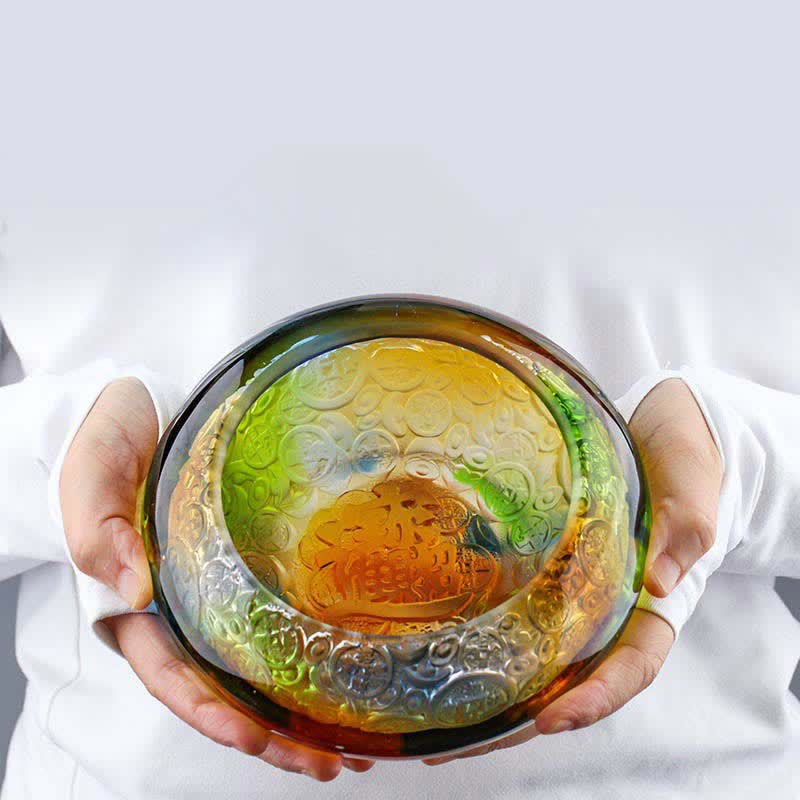 Buddha Stones Handmade Liuli Crystal Treasure Bowl Ingots Art Piece Home Decoration