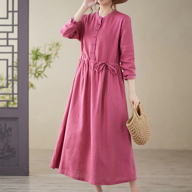 Buddha Stones Casual Plain Crew Neck Lace-up Cotton Linen Midi Dress With Pockets