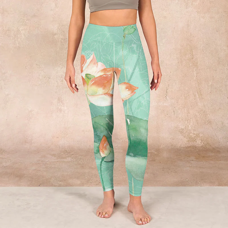 Buddha Stones Lotus Leaves Seed Pods Print Gym Leggings Women's Yoga Pants