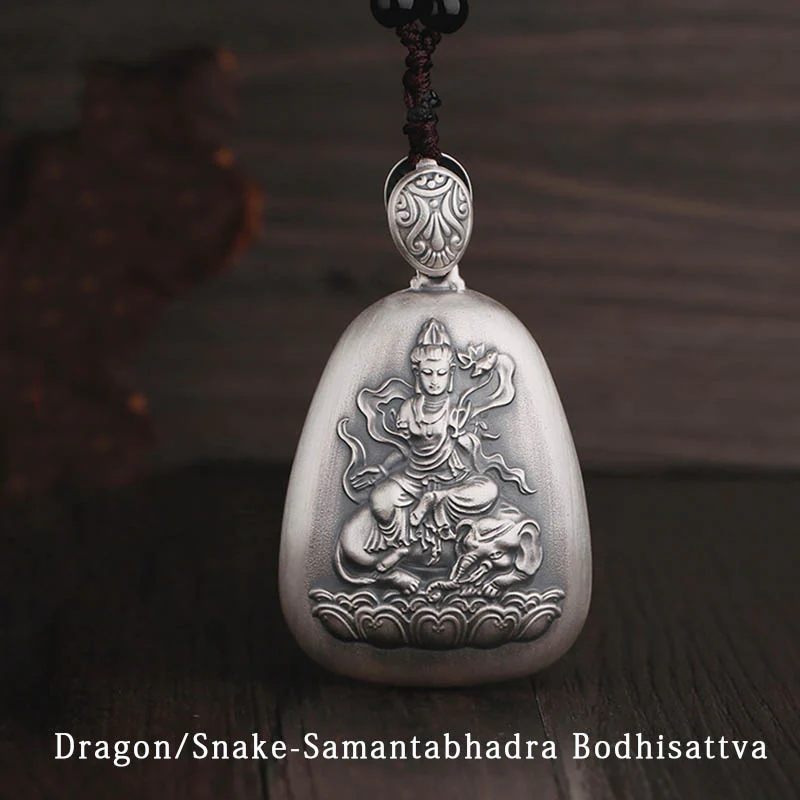 Buddha Stones 999 Sterling Silver Chinese Zodiac Natal Buddha Heart Sutra Engraved Protection Necklace Pendant