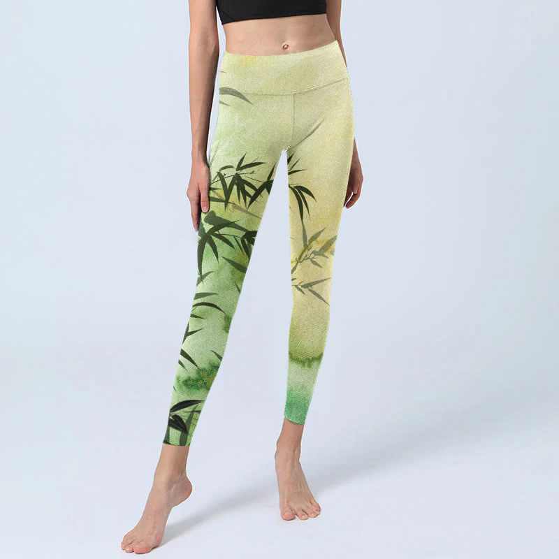 Buddha Stones Blooming Bamboo Pattern Print Gym Leggings Women's Yoga Pants