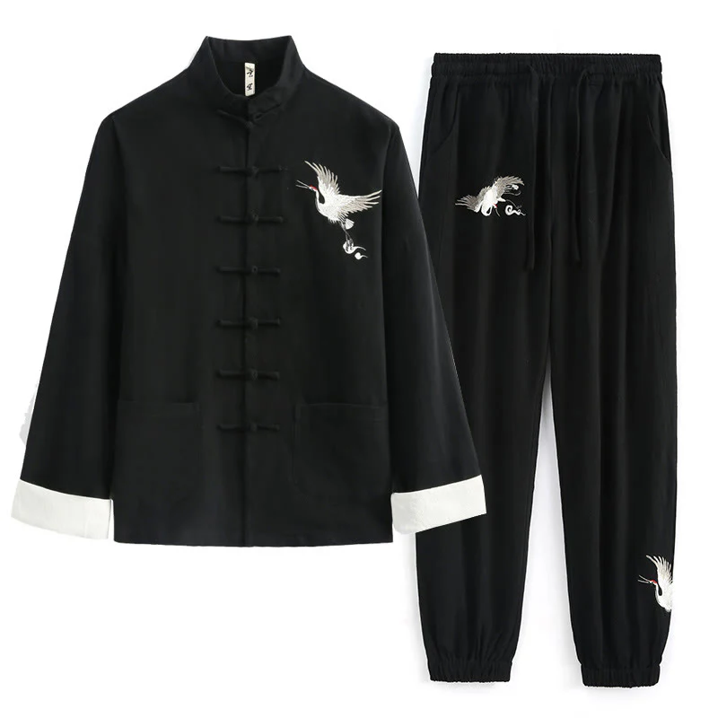 Buddha Stones Chinese New Year Crane Embroidery Tang Suit Hanfu Long Sleeve Top Pants Clothing Cotton Linen Men's Set With Pockets