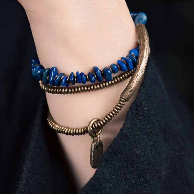 Buddha Stones Irregular Shape Triple Wrap Lazurite Balance Bracelet