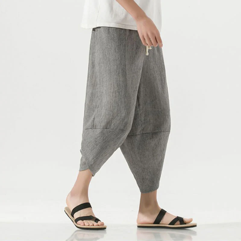 Buddha Stones Plain Simple Design Drawstring 7-8 Length Linen Men's Harem Pants With Pockets
