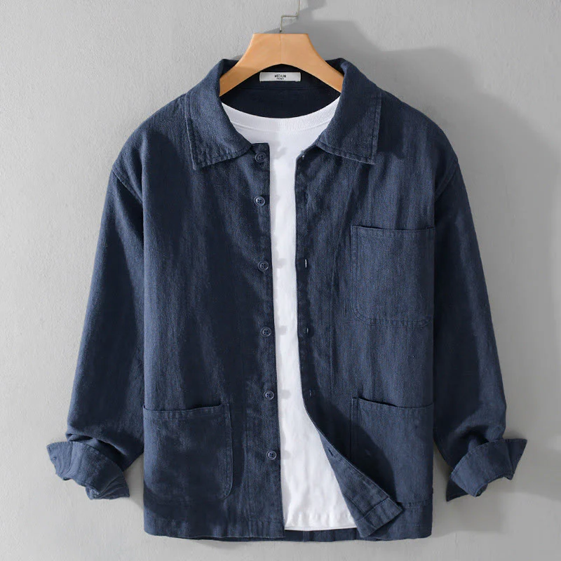 Buddha Stones Commute Men's Plain Buttons Design Cotton Linen Long Sleeve Shirt With Pockets