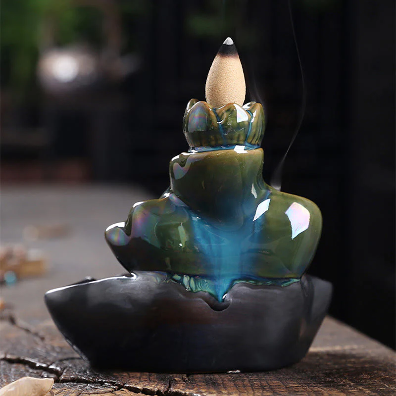 Buddha Stones Lotus Leaf Koi Fish Ceramic Backflow Smoke Fountain Peace Incense Burner Decoration