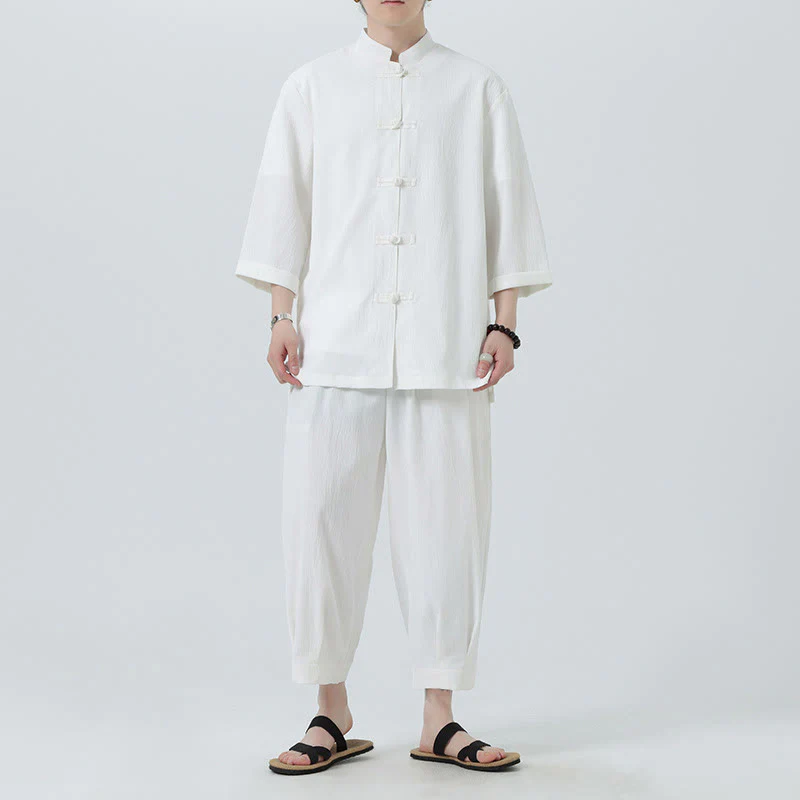 Buddha Stones 2Pcs Solid Frog-Button Three Quarter Sleeve Shirt Pants Men's Set