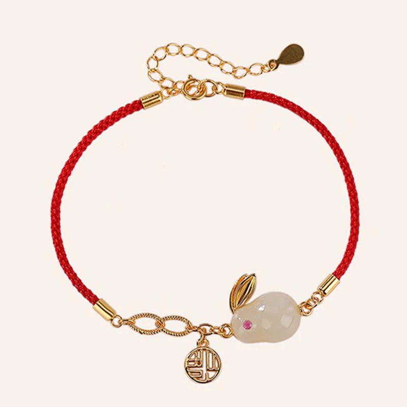 Buddha Stones 925 Sterling Silver Year of the Rabbit Hetian White Jade Luck Blessing Red String Bracelet