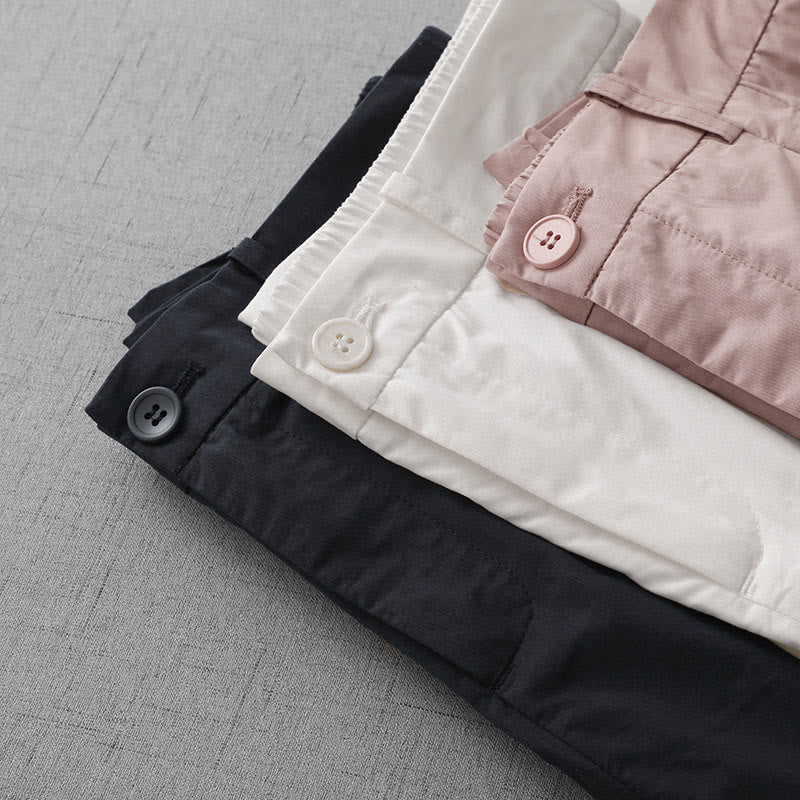 Buddha Stones Casual Plain High Waist Women's Polyester 7-8 Length Wide Leg Pants With Pockets