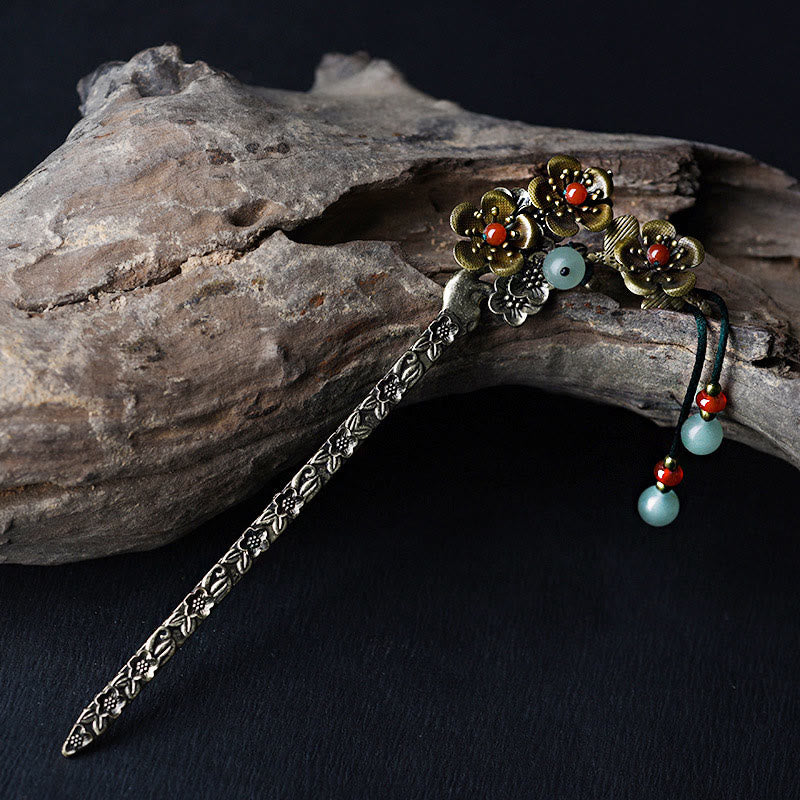 Buddha Stones Green Aventurine Red Agate Alloy Flowers Soothing Hairpin