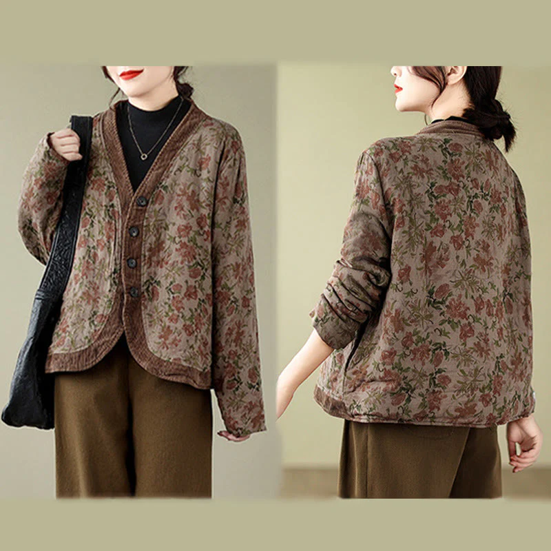 Buddha Stones Flower Jacquard Women's Cotton Padded Jacket
