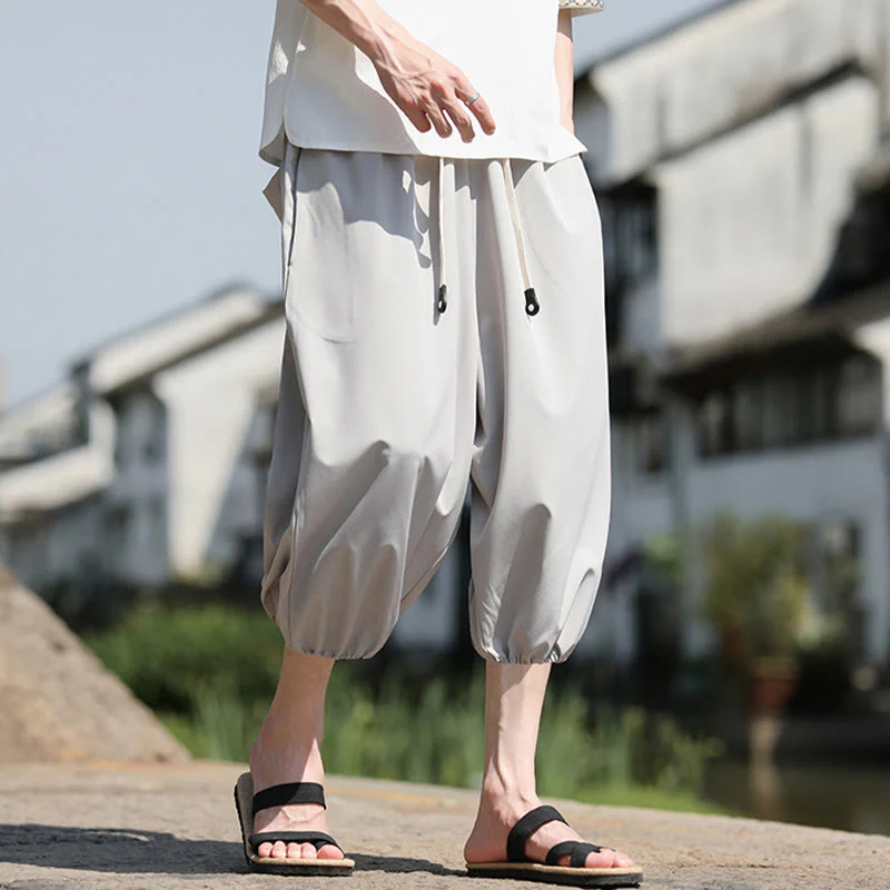 Buddha Stones Solid Drawstring Men's Capri Cropped Harem Pants With Pockets