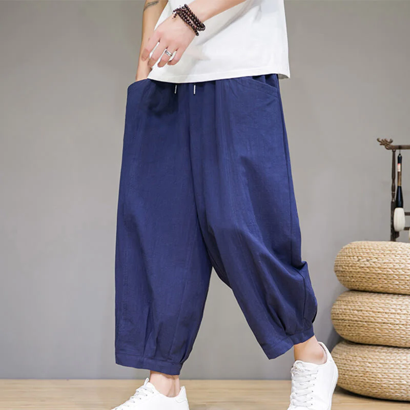 Buddha Stones Simple Cotton Men's Cropped Capri Harem Pants With Pockets