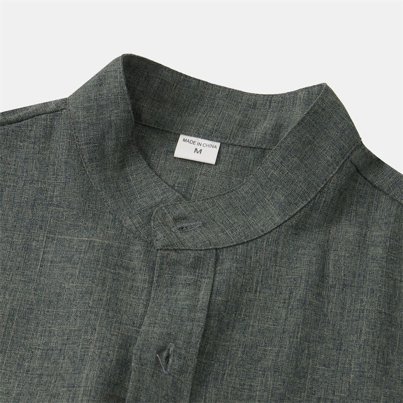 Buddha Stones Summer Men's Button Plain Short Sleeve Cotton Shirt With Pocket