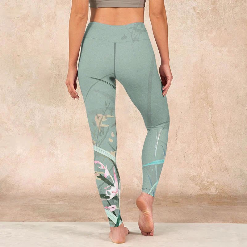 Buddha Stones White Pink Orchids Leaves Print Gym Leggings Women's Yoga Pants
