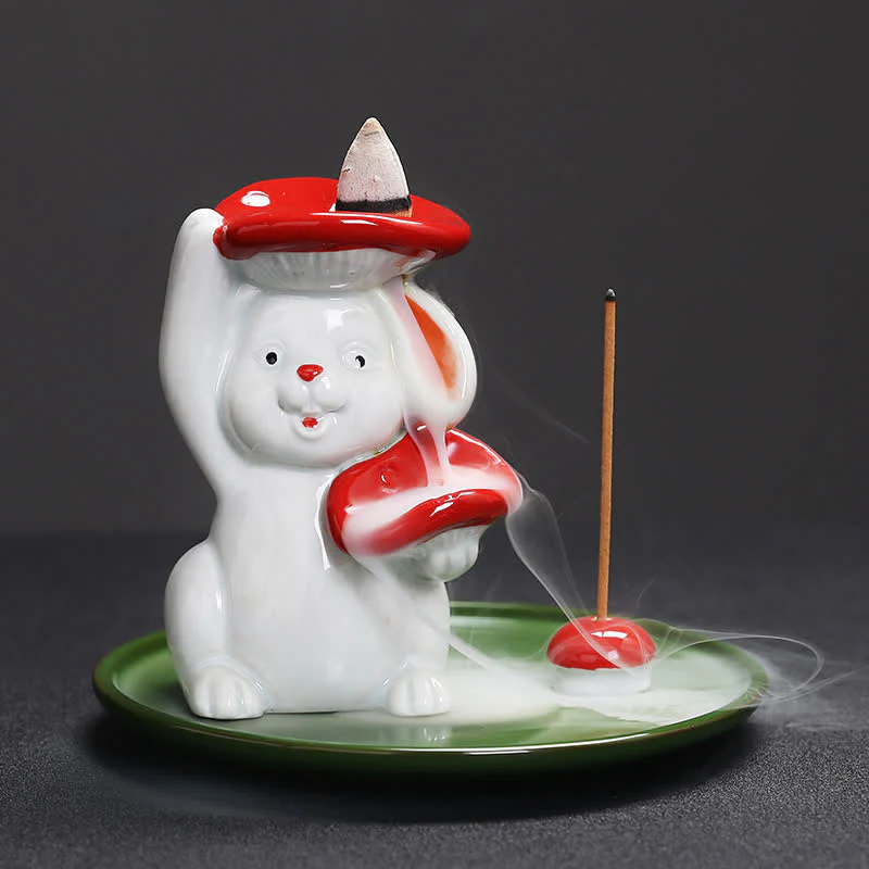 Year of the Rabbit Carrot Mushrooms Rabbit Ceramic Bunny Blessing Incense Burner (Extra 30% Off | USE CODE: FS30)
