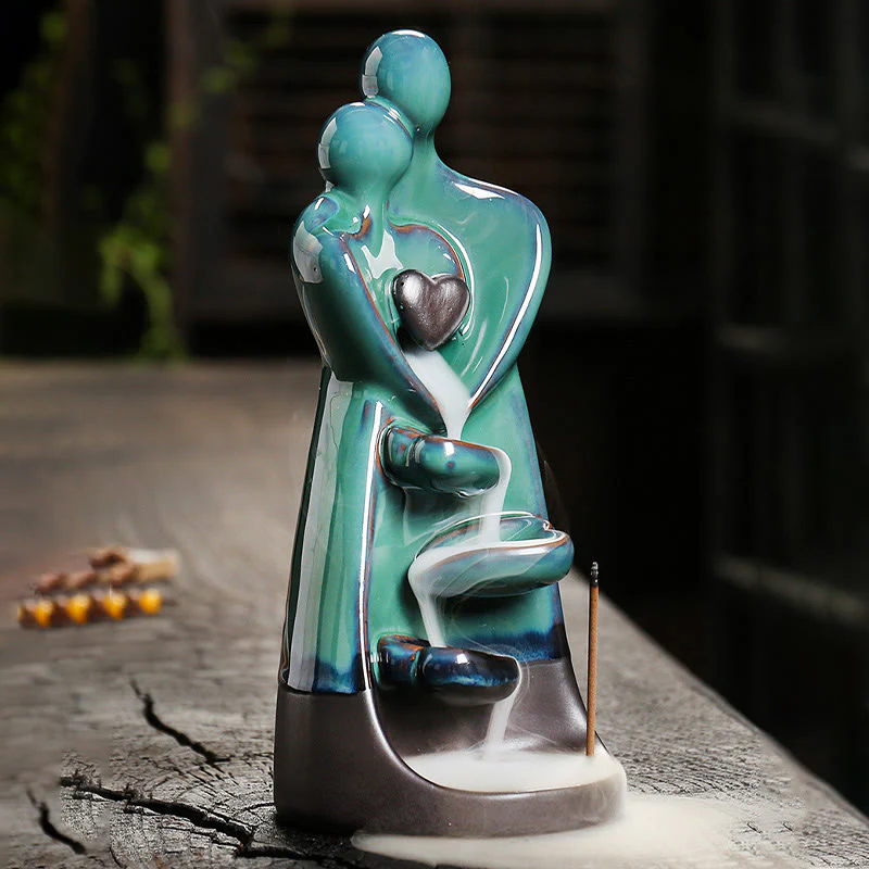 Buddha Stones Lovers Couple Embrace Love Ceramic Backflow Smoke Fountain Healing Incense Burner Decoration