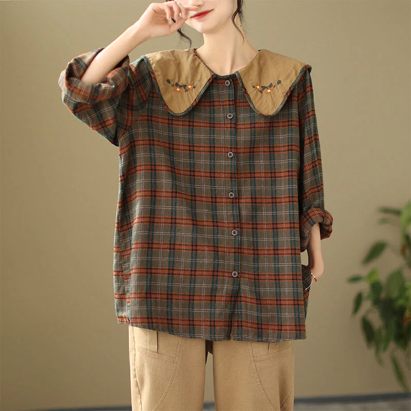 Buddha Stones Embroidered Plaid Pattern Cotton Women's Shirt