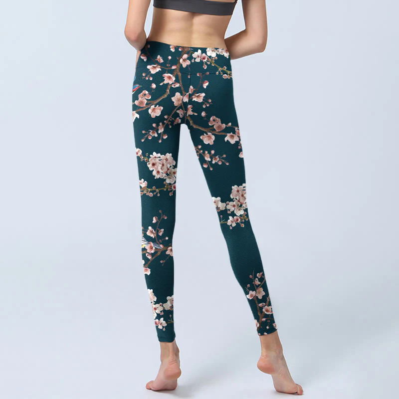 Buddha Stones Sparrow Swallow Peach Blossom Pattern Print Gym Leggings Women's Yoga Pants